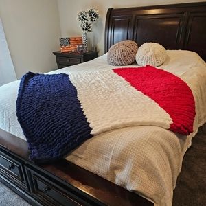 RED, WHITE AND BLUE hand made blanket chunky knit